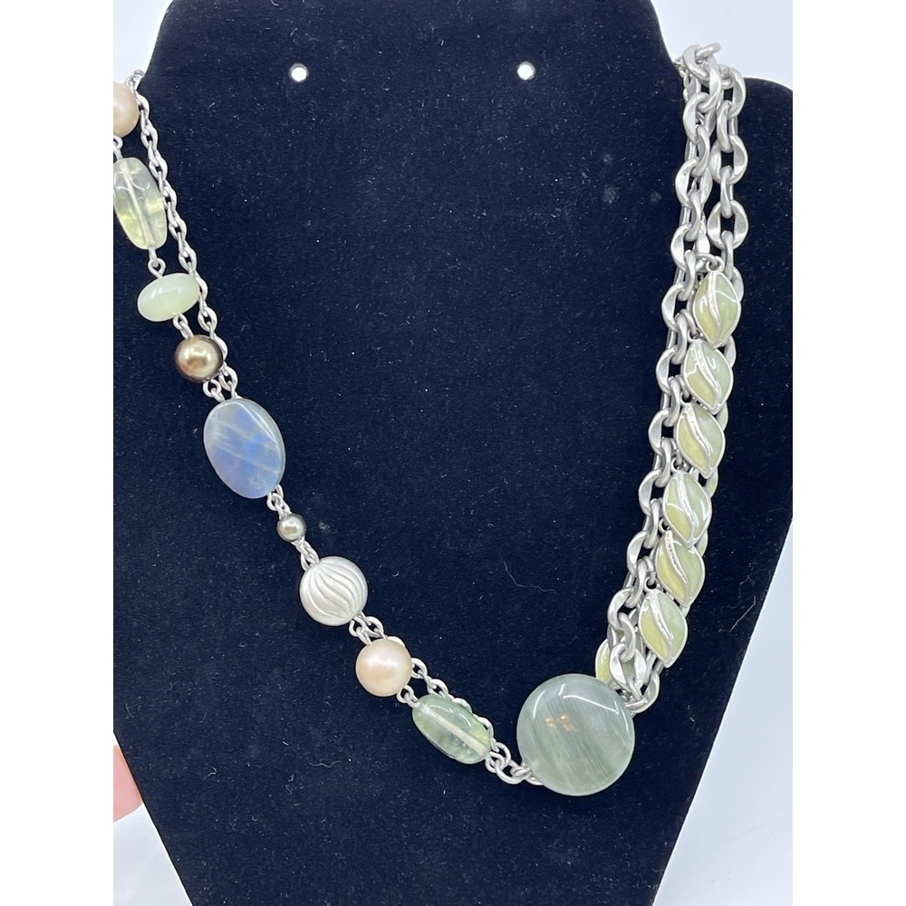 Lia Sophia "Lush" Silver Tone Necklace w/Green Labradorite, Quartz & Glass Beads